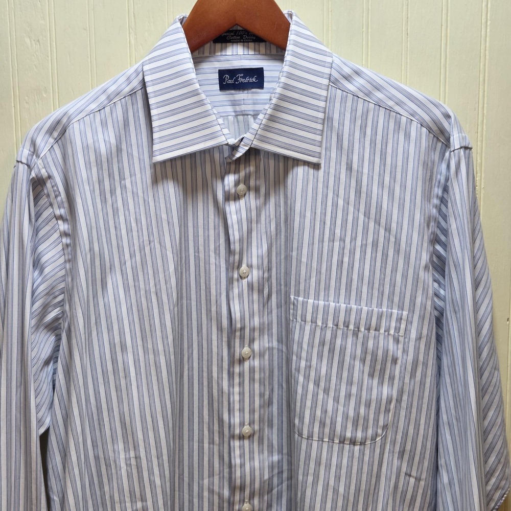 Paul Fredrick Shirt‎ Mens 16 32/33 White Blue Stripe Dress Cotton Long Sleeve
